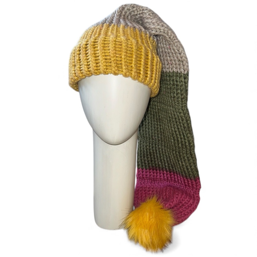 Striped Colourblock Knit Extra Long Toque with Pom Pom